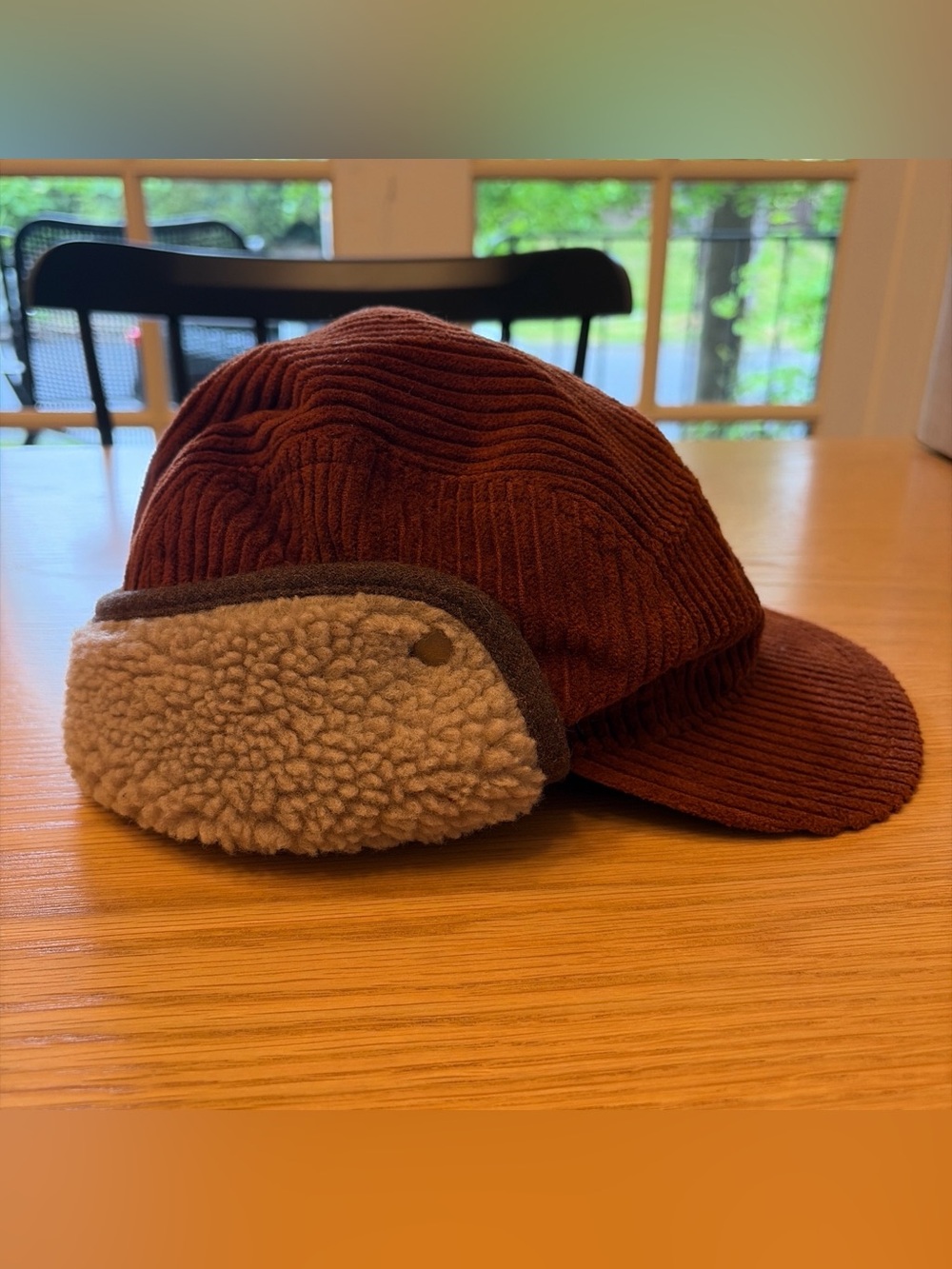 Barts Brown Corduroy Trapper Raynor Cap with Red Lining and Cream Faux Shearling